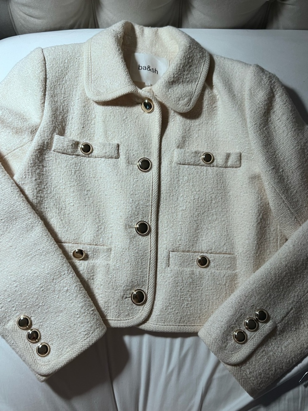 ba&sh Cream Textured Bouclé Lady Jacket with Gold Buttons